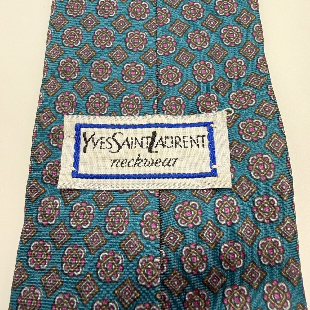 Yves Saint Laurent‎ Necktie Mens One Size Teal Geometric Medallion 100% Silk USA